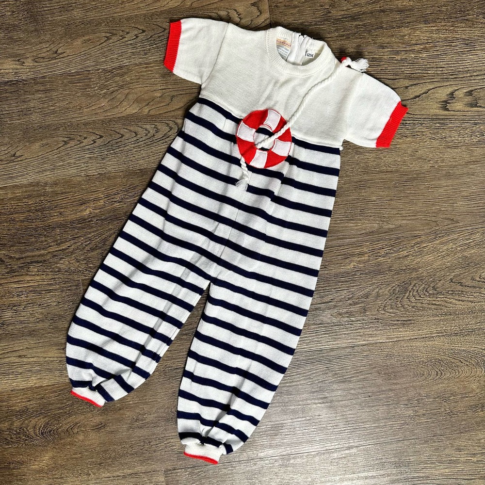 Vtg FRIEMANIT Sailor Navy Stripe Romper 12 mo